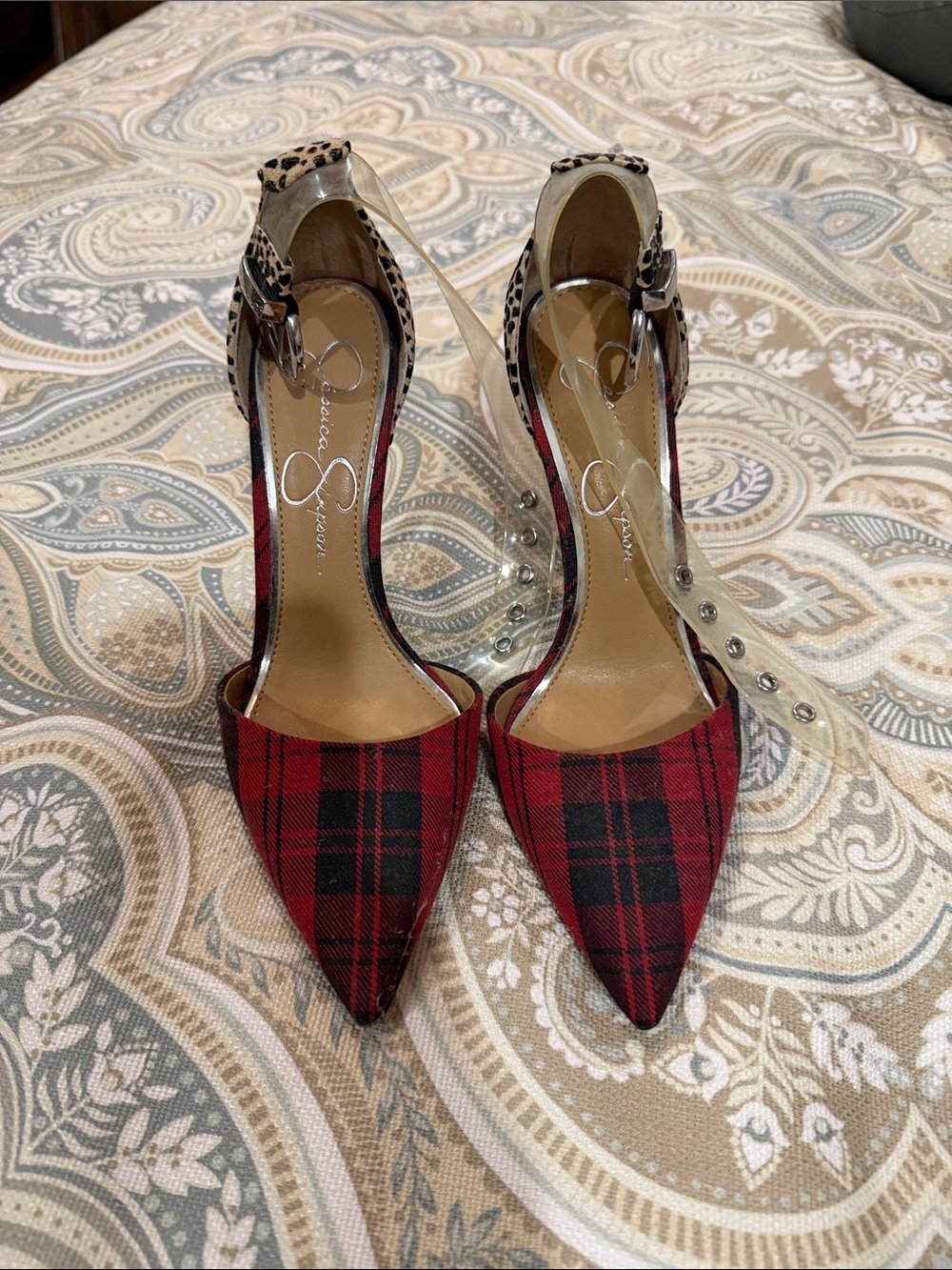 Jessica Simpson Red Plaid Pointed D'Orsay Heels with Leopard Accent